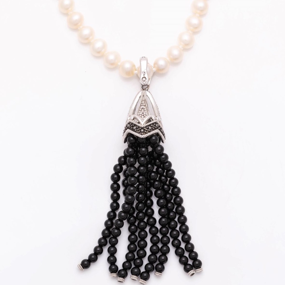 Sterling Silver Genuine Pearl & Onyx Tassel Necklace